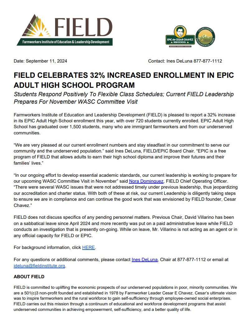 FIELD is pleased to report a 32% increase in its EPIC Adult High School enrollment this year, with over 720 students currently enrolled. Read our full statement below.