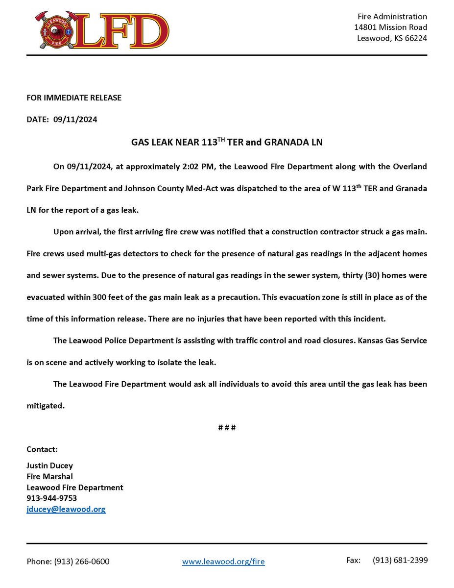 LeawoodFire's tweet image. Please see the attached media release for an active Gas Leak in the area of 113th TER and Granada LN.