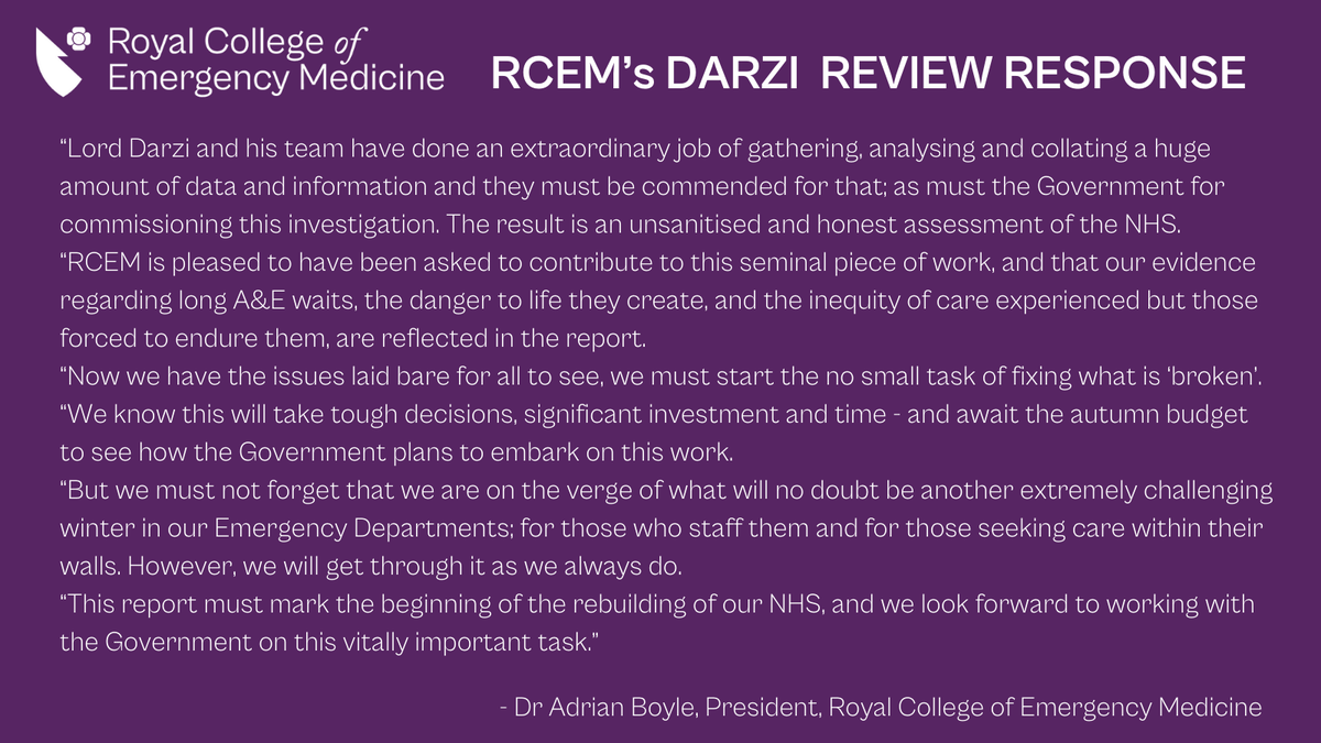 Royal College of Emergency Medicine (@rcollem) on Twitter photo Details of the #DarziReview of <a href="/NHSEngland/">NHS England</a> have just been released.
RCEM is pleased to have been part of the Expert Reference Group, and that our concerns about the dangerous effects of overcrowding and long waits in A&E have been reflected in the report.
Read <a href="/RCEMpresident/">Adrian Boyle</a>'s Details of the #DarziReview of <a href="/NHSEngland/">NHS England</a> have just been released.
RCEM is pleased to have been part of the Expert Reference Group, and that our concerns about the dangerous effects of overcrowding and long waits in A&E have been reflected in the report.
Read <a href="/RCEMpresident/">Adrian Boyle</a>'s