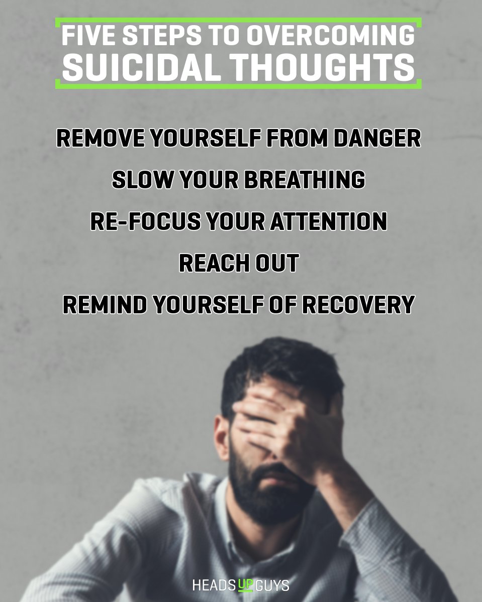 HeadsUpGuys's tweet photo. Suicidal thoughts can be very difficult to deal with or understand. Sometimes they can be fleeting, but other times they can be stronger urges that are hard to shake.

Here are five steps you can take to overcome your own suicidal thoughts

https://t.co/sxAKOaowa3 https://t.co/Ro2SdtlyeS