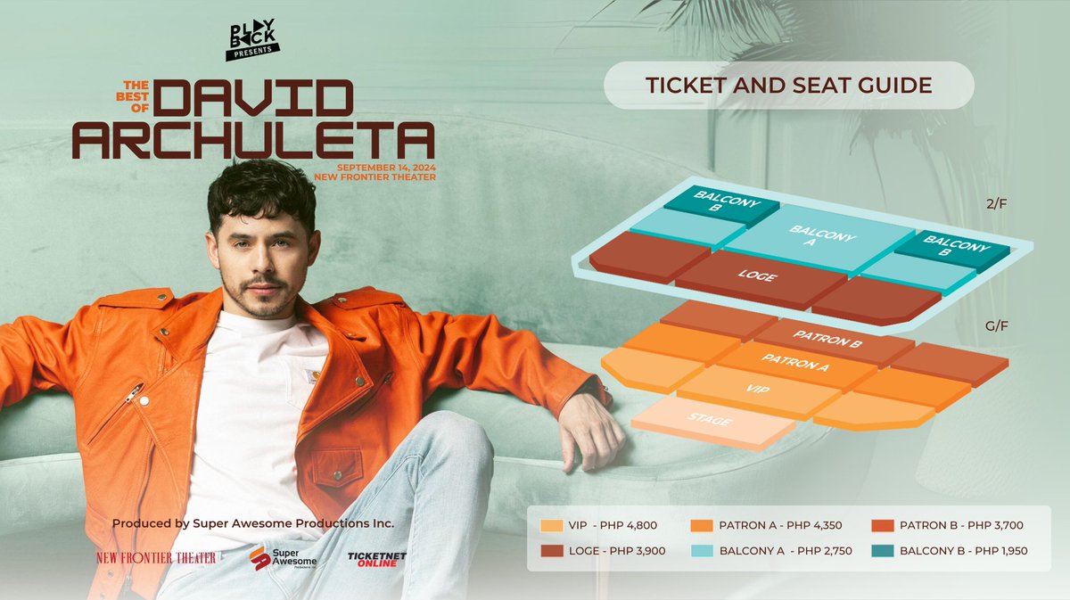 DavidArchie's tweet image. Good morning Manila! We are a few days away from my show at the New Frontier Theater. Can't wait to see you all on September 14th. Here's the ticket and seat guide to my show, available for purchase at ticketnet.com.ph.

#PlaybackPresentsDavidArchuleta #PlaybackMusicFest…