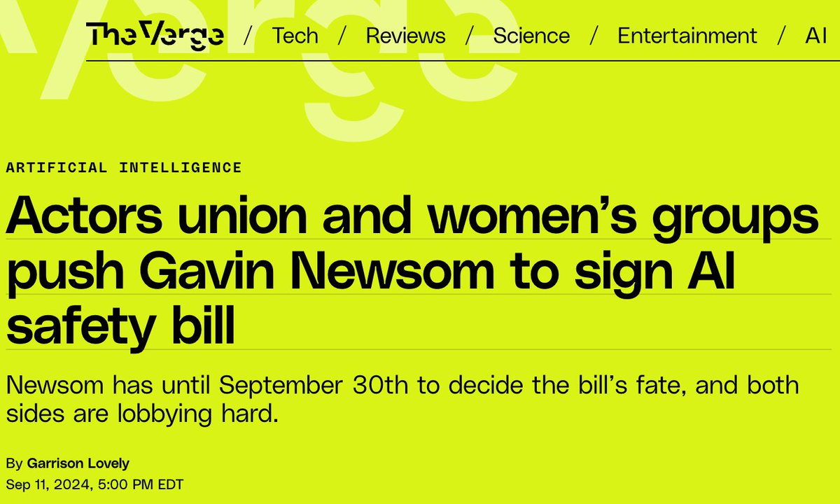 Garrison Lovely (@garrisonlovely) on Twitter photo 🚨EXCLUSIVE: The National Organization for Women (NOW), SAG-AFTRA, and Fund Her have each sent letters to <a href="/GavinNewsom/">Gavin Newsom</a> urging him to sign CA AI safety bill, SB 1047, into law.🚨
I obtained the letters, which are published here for the first time.🧵 🚨EXCLUSIVE: The National Organization for Women (NOW), SAG-AFTRA, and Fund Her have each sent letters to <a href="/GavinNewsom/">Gavin Newsom</a> urging him to sign CA AI safety bill, SB 1047, into law.🚨
I obtained the letters, which are published here for the first time.🧵