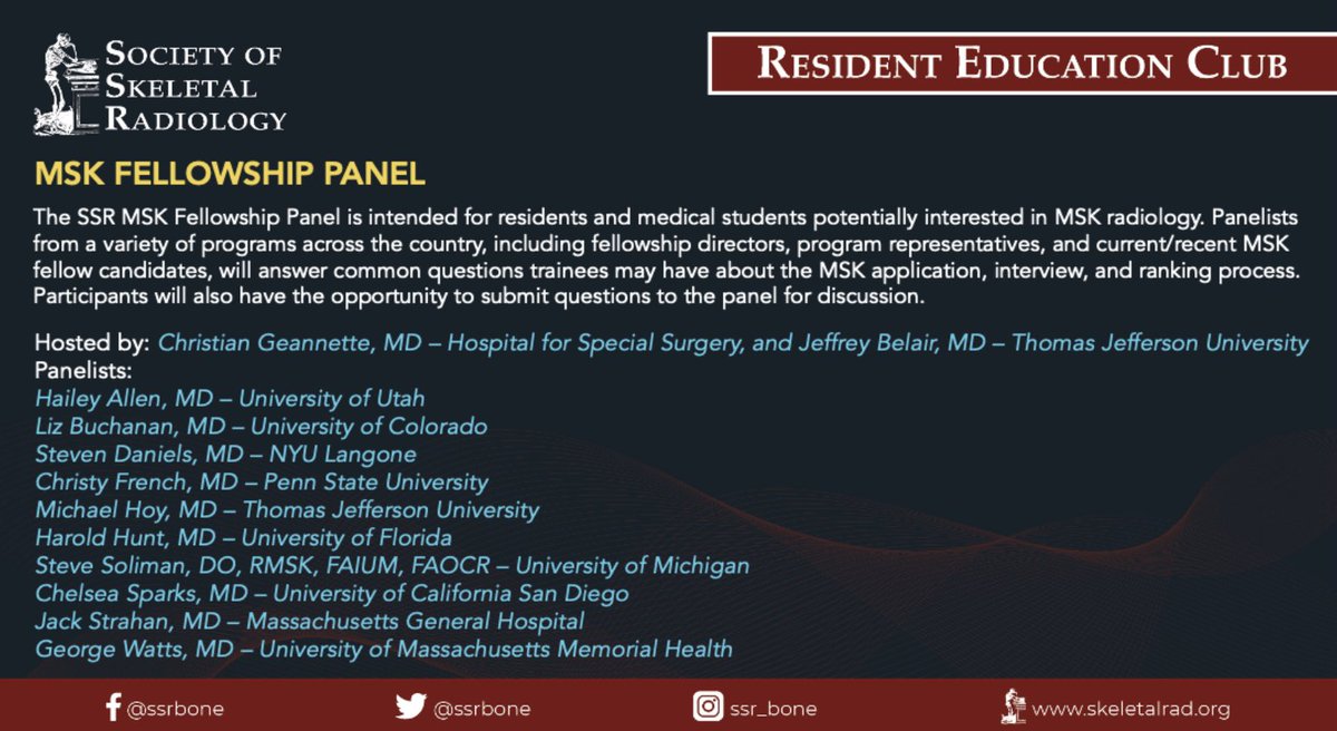 Society of Skeletal Radiology (@ssrbone) on Twitter photo 👋Our first REC session is soon! Come listen and ask questions during our MSK Fellowship Panel! 
Haven't signed up yet? There is still time to register! 
🔗veritasamc.zoom.us/webinar/regist…
#radres #MedEd #raded #MSKrad 👋Our first REC session is soon! Come listen and ask questions during our MSK Fellowship Panel! 
Haven't signed up yet? There is still time to register! 
🔗veritasamc.zoom.us/webinar/regist…
#radres #MedEd #raded #MSKrad