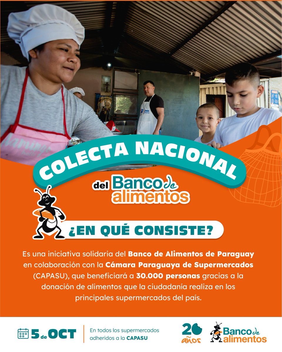 BdA_Py's tweet photo. ➕Cada donación ayudará a que más de 30000 personas reciban alimentos y apoyo vital para enfrentar la inseguridad alimentaria.
📅 Sábado 5 de octubre
📍 En todos los supermercados adheridos a la CAPASU
¡Un poco de todos es mucho! 🙌
#BancoDeAlimentosPy💚🐜
#20añosdeColecta🎂🎉 https://t.co/soxN7SNagb