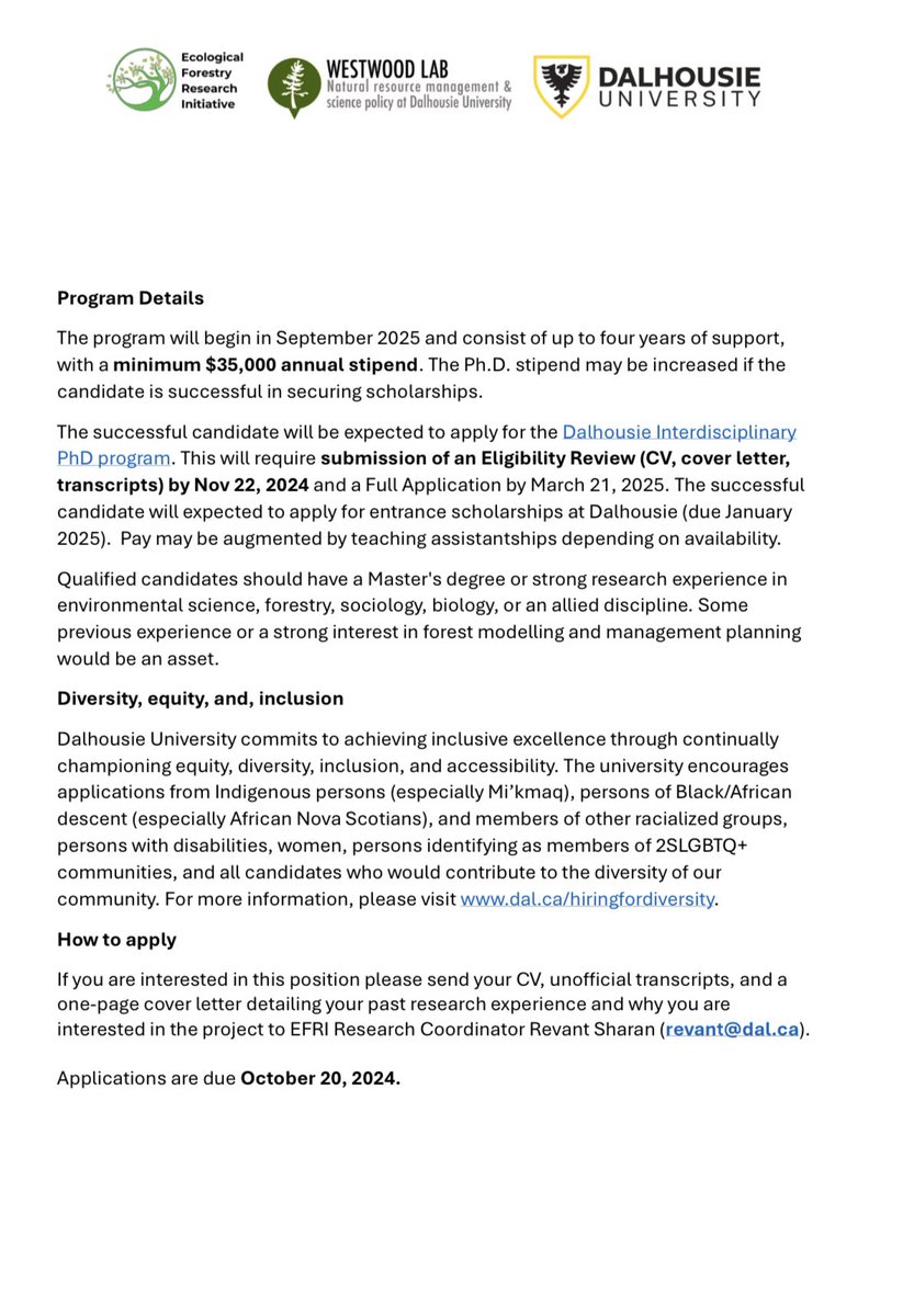 Ben Collison (@benrcollison) on Twitter photo NEW: recruiting for fully-funded PhD position at the Ecological Forestry Research Initiative <a href="/DalhousieU/">Dalhousie University</a> <a href="/SRES_Dal/">School for Resource & Environmental Studies</a>! App deadline: Oct 20, 2024 for Fall 2025 start. 🌲🌳🌲 Topic: forestry roads and forest biodiversity. Come join our awesome team! Please rt/share! NEW: recruiting for fully-funded PhD position at the Ecological Forestry Research Initiative <a href="/DalhousieU/">Dalhousie University</a> <a href="/SRES_Dal/">School for Resource & Environmental Studies</a>! App deadline: Oct 20, 2024 for Fall 2025 start. 🌲🌳🌲 Topic: forestry roads and forest biodiversity. Come join our awesome team! Please rt/share!