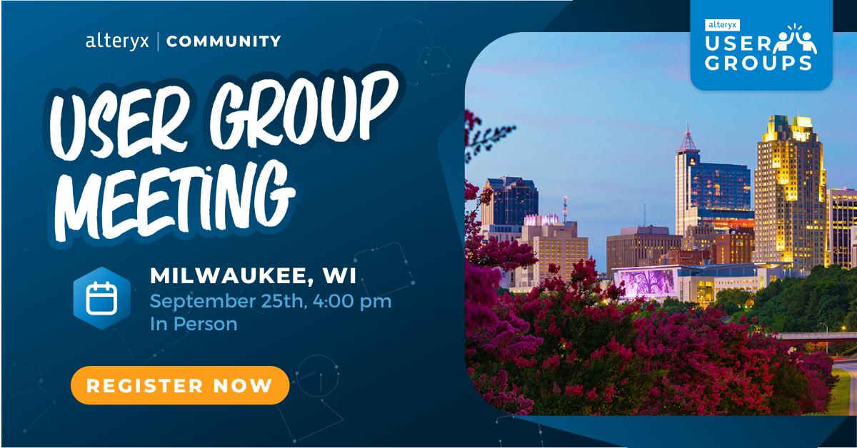 Kramer_Dave's tweet image. Calling all Alteryx enthusiasts in Milwaukee! Join us for an energizing #AlteryxUserGroup to connect with the data community, swap tips and tricks, and have some fun.

🗓️ 9/25
📍 Milwaukee, WI (in-person)

Register now: ow.ly/s8JA30sGmlb

#AnalyticsGroups #AnalyticsHelp