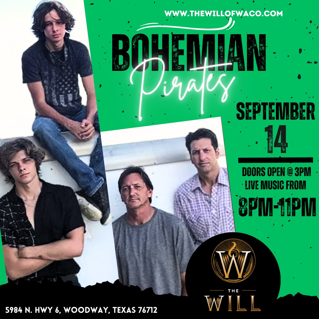 TheWillOfWaco's tweet photo. Bohemian Pirates perform THIS SATURDAY, September 14th, @ The Will!

Visit The Website For More Info:
https://t.co/FAk3CkbiJB

#TheWillWaco #WacoTexas #WacoBars #LiveMusicWaco #CigarLoungeWaco
#CornholeWaco #DiscoverWaco #VisitWaco #CigarLounge #CigarRoom #Cigars https://t.co/yBloeCkPyT