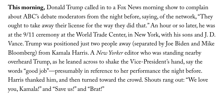 Michael Luo (@michaelluo) on Twitter photo Interesting tidbit from <a href="/newyorker/">The New Yorker</a> staffer who was at the 9/11 ceremony this morning at the World Trade Center and caught Trump telling Harris, "Good job." newyorker.com/newsletter/the… Interesting tidbit from <a href="/newyorker/">The New Yorker</a> staffer who was at the 9/11 ceremony this morning at the World Trade Center and caught Trump telling Harris, "Good job." newyorker.com/newsletter/the…
