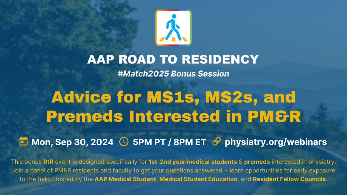 Our Road to Residency is usually focused on MS3s/MS4s prepping for Match, so we wanted to do a bonus sesh for aspiring physiatrists earlier in their journeys 🫡

Join us Mon, Sep 30, 8PM ET at physiatry.org/webinars!

Submit questions to be answered here: forms.gle/7QSJ5Yath1Agdr…