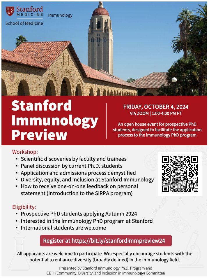 Jagannathan Lab (@pjagannathanlab) on Twitter photo Save the date and spread the word! 🗓️ <a href="/stanfordimmuno/">Stanford Immunology</a>'s CDIII committee is hosting a virtual preview event for prospective PhD applicants on Friday, October 4th. See flyer for more details and registration (bit.ly/stanfordimmpre…) Save the date and spread the word! 🗓️ <a href="/stanfordimmuno/">Stanford Immunology</a>'s CDIII committee is hosting a virtual preview event for prospective PhD applicants on Friday, October 4th. See flyer for more details and registration (bit.ly/stanfordimmpre…)