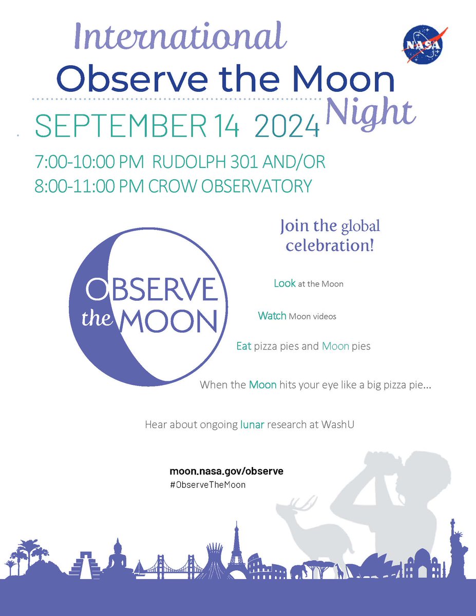 WashU Physics (@washuphysics) on Twitter photo Join us at #WashU on Saturday night to celebrate International Observe the Moon Night, either in 301 Rudolph Hall for pizza and moon pies with stories and videos, or in Crow Observatory for views of the Moon. Snacks provided in both places! Join us at #WashU on Saturday night to celebrate International Observe the Moon Night, either in 301 Rudolph Hall for pizza and moon pies with stories and videos, or in Crow Observatory for views of the Moon. Snacks provided in both places!