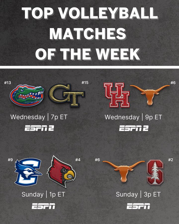 Tune in tonight they Sunday for these games and more !! So impressed with the pre-season matchups these coaches/programs are scheduling!! Never dull!! #espn #ncaavolleyball