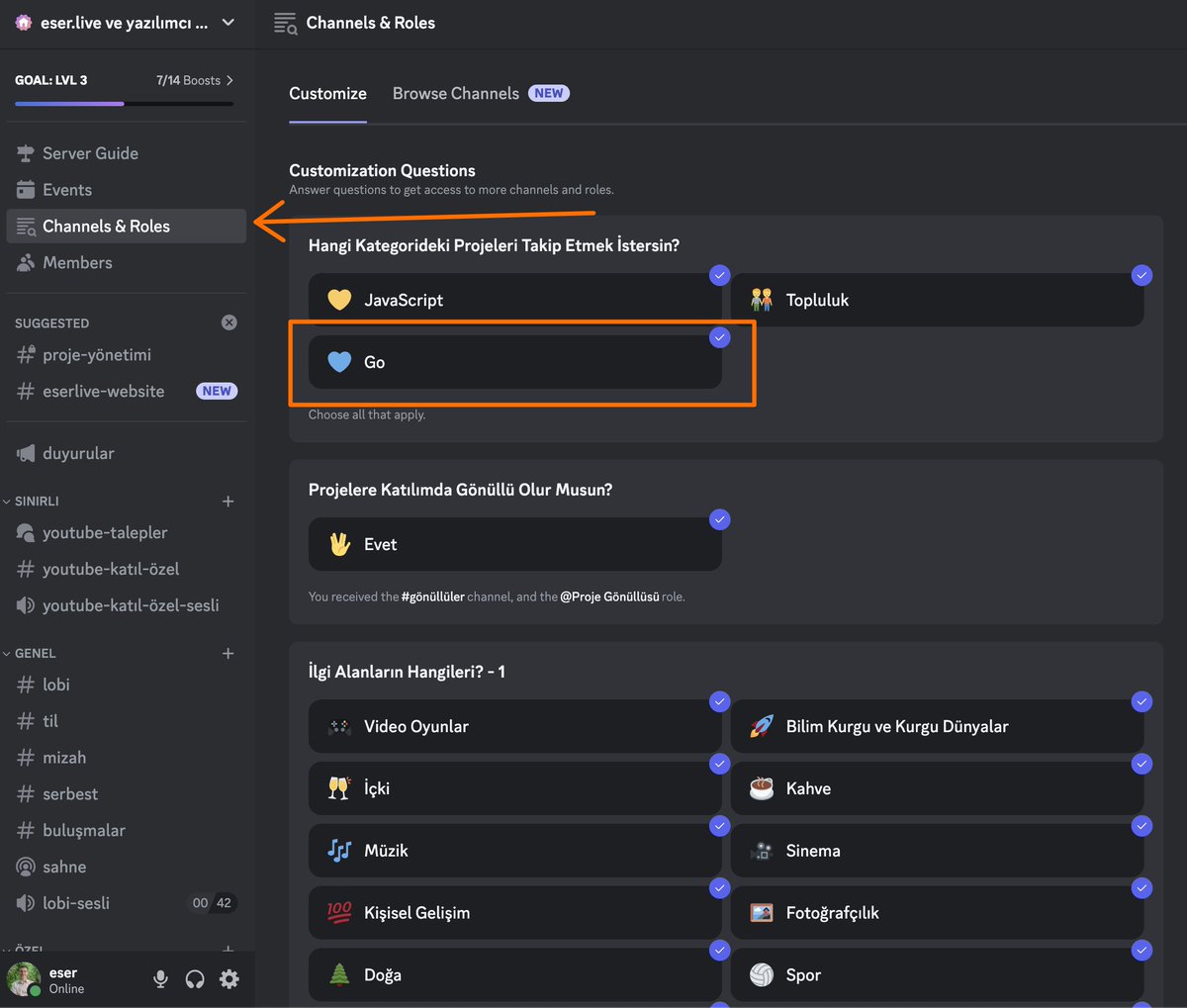 eser live Discord'da Go ile ilgili projeler de portföyümüze girmiştir. Yakında karma points ile birlikte başlıyoruz. takibe almak için hali hazırda Discord'da olanlar "Channels &amp; Roles"den Go'yu seçebilirler.