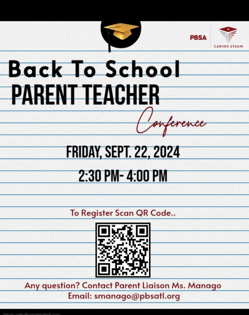 Parent Liaison Carver (@msmanago) on Twitter photo Parent-Teacher Conferences at Carver STEAM Academy will be conducted on Friday, Sept. 22nd, 2024 from 2:30 p.m. to 4p.m. Join our Teachers to receive your scholar(s) academic updates, upcoming school events, and more. Scan the QR code to register. <a href="/carverpbsa/">Carver STEAM PBSA</a> <a href="/PBS_Atlanta/">Purpose Built Schools Atlanta</a> Parent-Teacher Conferences at Carver STEAM Academy will be conducted on Friday, Sept. 22nd, 2024 from 2:30 p.m. to 4p.m. Join our Teachers to receive your scholar(s) academic updates, upcoming school events, and more. Scan the QR code to register. <a href="/carverpbsa/">Carver STEAM PBSA</a> <a href="/PBS_Atlanta/">Purpose Built Schools Atlanta</a>