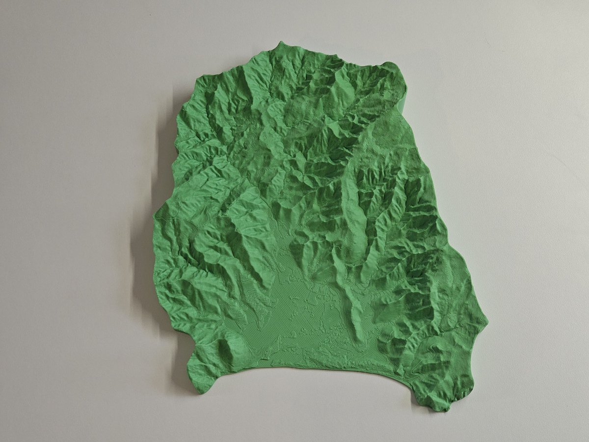 3D printed topographic model of the Otama catchment, made using #Rayshader in #Rstats with #Linz 1m LiDAR DEM.