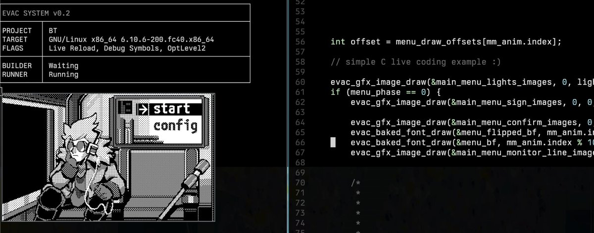 superfunc's tweet image. new compiler daemon idea, nice live coding for C
tui inspiration + font by @usgraphics
video on masto (bird site uploader doesnt work): mastodon.gamedev.place/@superfunc/113…
#playdate