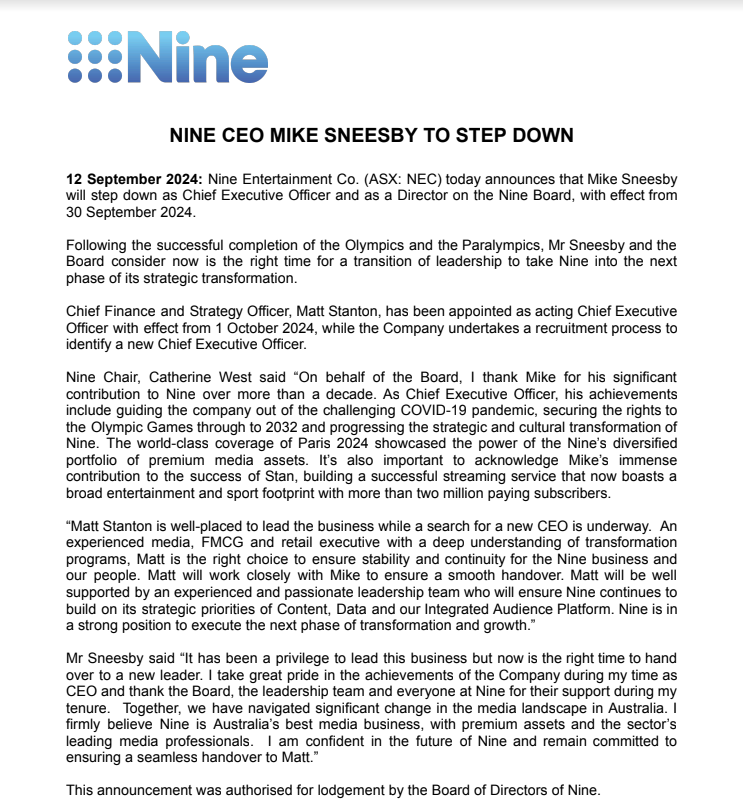 Mike Sneesby is stepping down as CEO of Nine