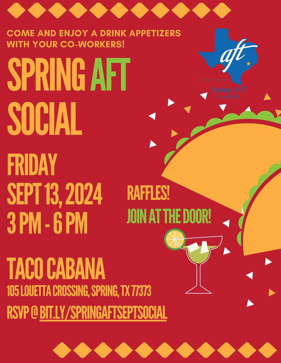 AftSpring's tweet image. Yesterday’s BR meeting was a success! We had special guests from the Education Retirement Program

Don’t forget to join us this Friday for our Happy Hour at Taco Cabana. It’s the perfect chance to relax, connect, and unwind with fellow members after a long week! 🌮🎉 

#SpringAFT