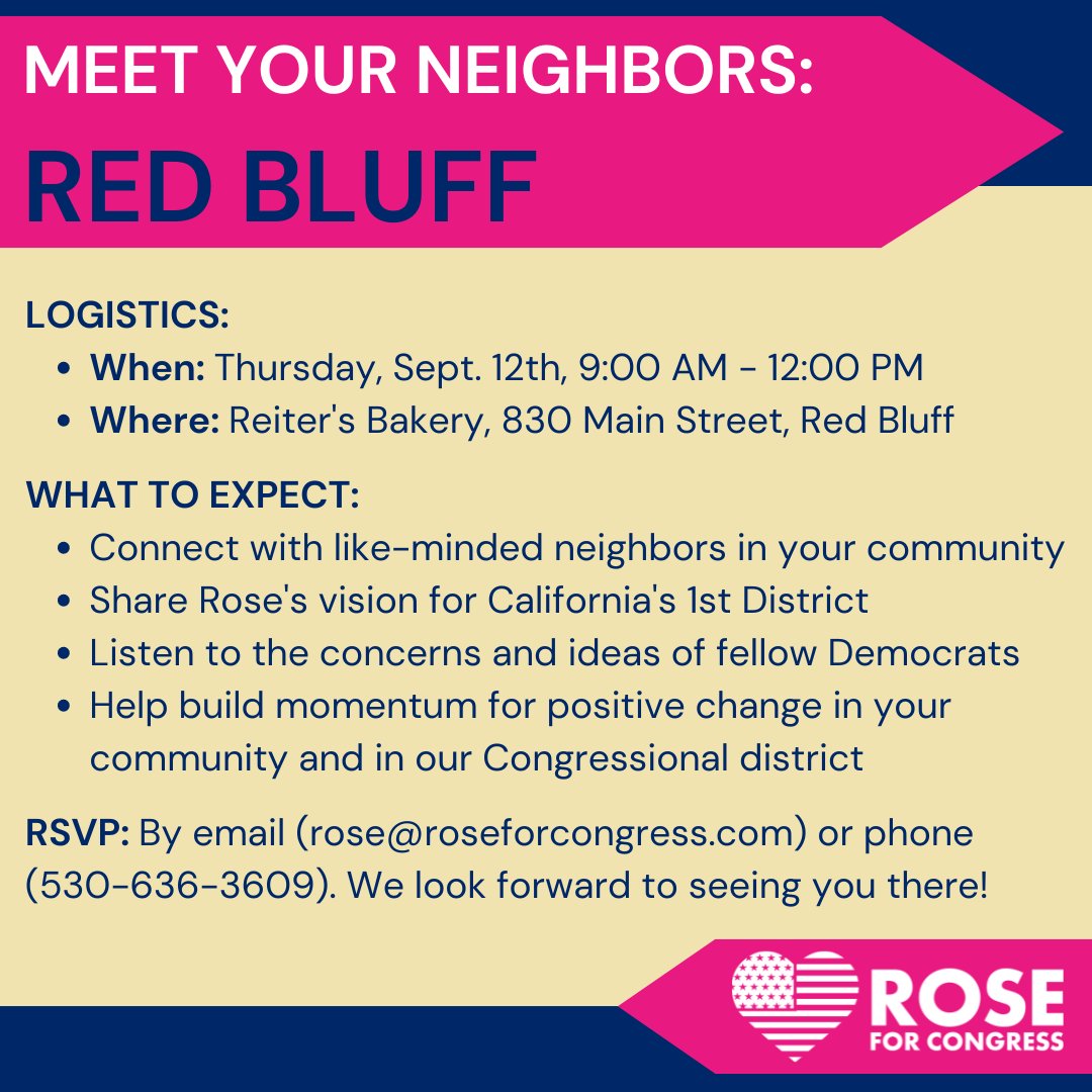 Rose4Congress26's tweet image. Join me and fellow supporters tomorrow for a friendly neighborhood walk around #RedBluff! After fueling up on some coffee &amp;amp; pastries at Reiter's Bakery we'll hit the streets - chatting to neighbors about how we can push for positive change in the North State!