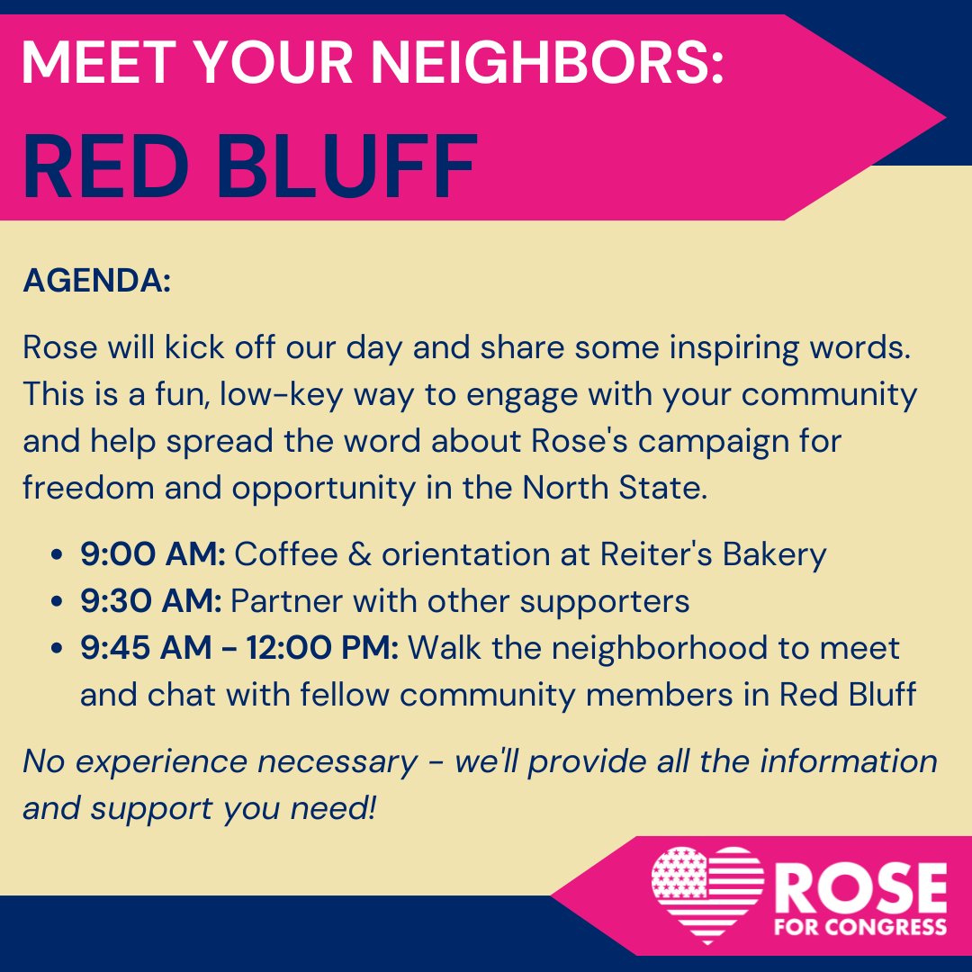 Rose4Congress26's tweet image. Join me and fellow supporters tomorrow for a friendly neighborhood walk around #RedBluff! After fueling up on some coffee &amp;amp; pastries at Reiter's Bakery we'll hit the streets - chatting to neighbors about how we can push for positive change in the North State!