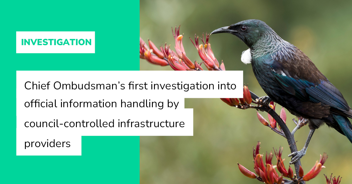 The Chief Ombudsman today announced investigations of Auckland Transport and Wellington Water along with the Wellington City Council, Queenstown Lakes District Council and Marlborough District Council.

Go to ombudsman.parliament.nz/news/chief-omb…
