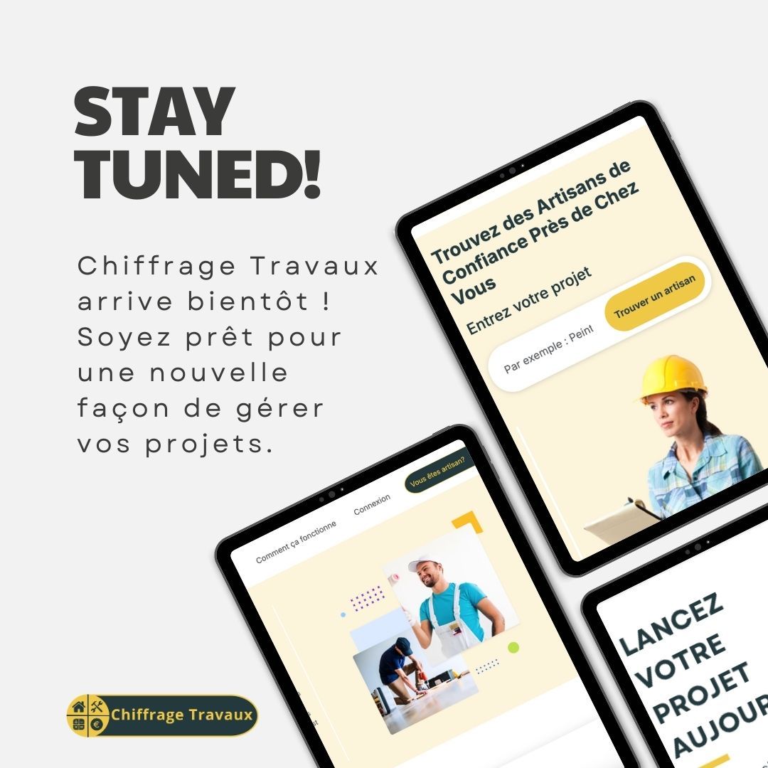 chiffrage's tweet photo. 📢 Chiffrage Travaux arrive bientôt ! Vous cherchez des artisans de confiance ou des projets près de chez vous ? Notre plateforme est la solution idéale. Soyez prêts à découvrir une nouvelle façon de gérer vos projets de rénovation. 🚀 #StayTuned #ChiffrageTravaux #Rénovation https://t.co/azvMD2YqOt