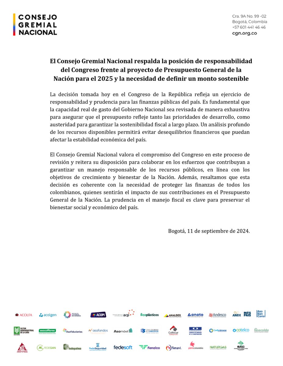 El <a href="/ConsejoGremial/">Consejo Gremial</a> respalda la posición de responsabilidad del Congreso frente al proyecto de Presupuesto General de la Nación para el 2025 y la necesidad de definir un monto sostenible.

<a href="/CamaraColombia/">Cámara de Representantes de Colombia</a> <a href="/SenadoGovCo/">Senado de la República 🇨🇴</a>