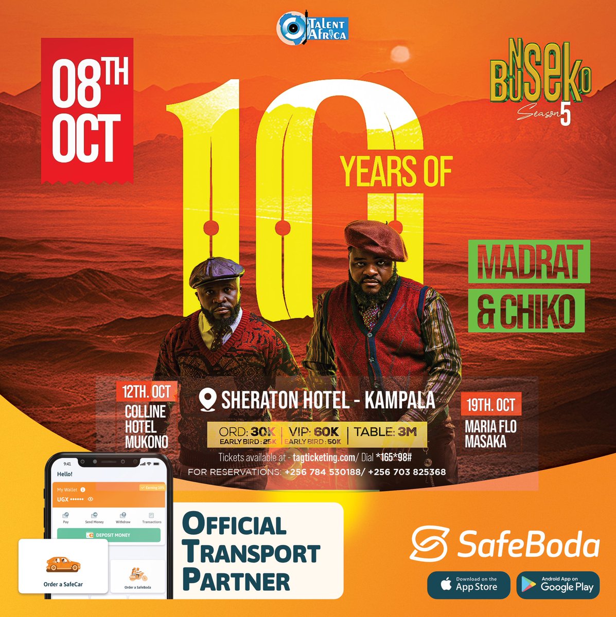 Imagine Independence Day finding you in the right mood. <a href="/talentafrica/">Talent Africa Group</a>  &amp; <a href="/chikoandmadrat/">Madrat and Chiko Official</a> will be giving us a blast on the 8/9/2024 <a href="/sheratonhotels/">Sheraton</a> at their #10YearsofMadratandChiko Grab your tickets @tagticketing and don’t forget to arrive in style and safe #safecar <a href="/SafeBoda/">SafeBoda</a>