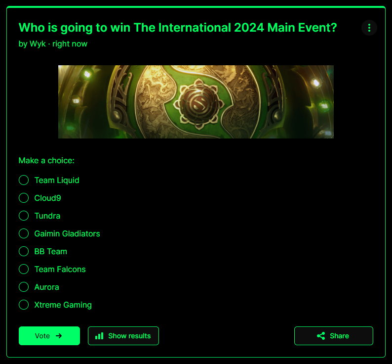 wykrhm's tweet photo. Who do you think will win The International now .. ? VOTE for your favorites. https://t.co/QtfXXCPRqO #TI13 #Dota2 https://t.co/rrjzJ7rUF6
