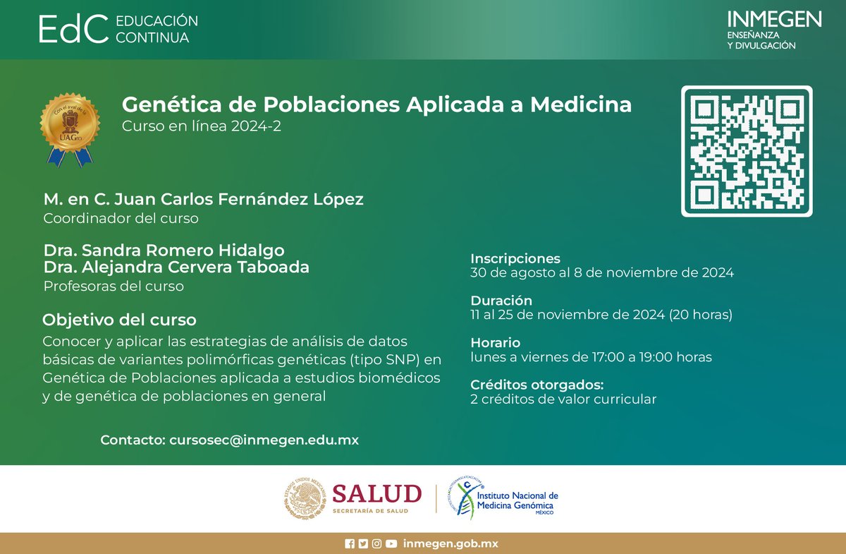 Curso en línea «Genética de poblaciones aplicada a medicina»
Regístrate: bit.ly/2xnHl8r

Dirigido a investigadoras, investigadores y estudiantes de pregrado y posgrado con interés en conocer y aplicar estrategias y métodos de análisis de datos de variantes genéticas