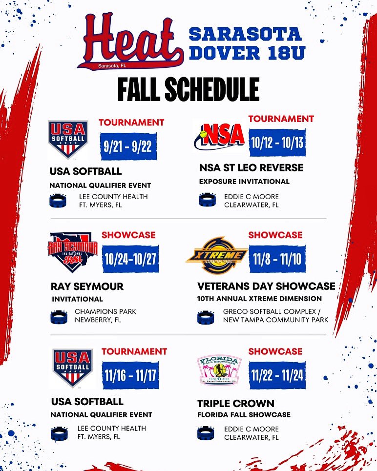 SarasotaHeat18U's tweet image. #fallschedule #softball #showcase #letsgo #getcommitted #fastpitch #travelsoftball #sarasotaheat #sarasotaheat18u #sarasotaheatdover18u #heatfam #itstime