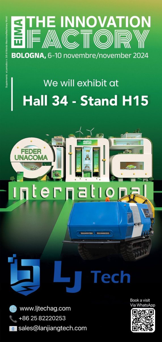 LanjiangTech's tweet image. 🌏 Are you heading to EIMA 2024 in Italy this November? So are we at LJ Tech!
Don’t miss this opportunity to discover the latest in orchard automation!
#EIMA2024 #LJTech #autonomoussprayer #AgriAuto #orchardautomation