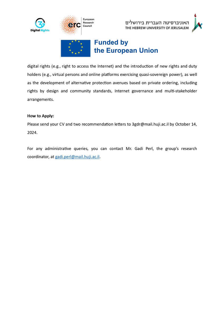 Three Generations of Digital Human Rights (@3gendr) on Twitter photo Three Generations of Digital Human Rights Research Project: Post-Doc Positions Available for 2025
How to Apply:
Please send your CV and two recommendation letters to 3gdr@mail.huji.ac.il by October 14, 2024.
Join us! Three Generations of Digital Human Rights Research Project: Post-Doc Positions Available for 2025
How to Apply:
Please send your CV and two recommendation letters to 3gdr@mail.huji.ac.il by October 14, 2024.
Join us!