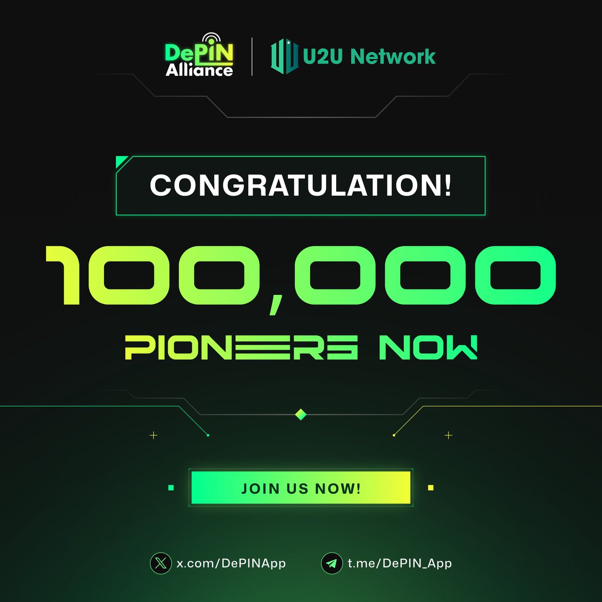 🎉 DePIN Alliance has reached 100,000 first active users on App!

This isn't just a number; it's a testament to the growing community's belief in <a href="/DePINApp/">DePIN Alliance</a>.

We couldn't have done it without every one of you. Thank you for being with us! 🫂

👉 Join now: t.me/DePIN_Alliance…