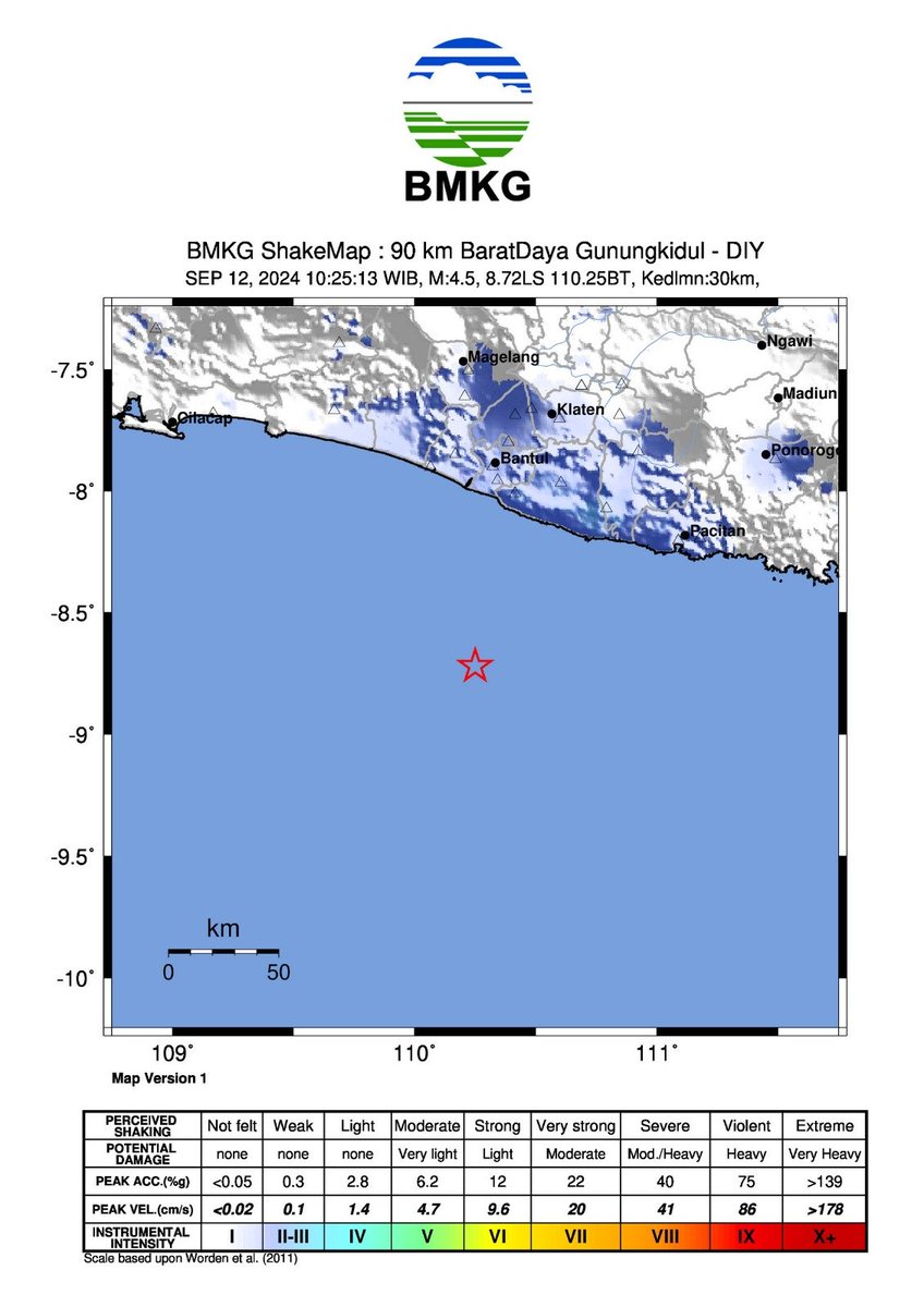 FELT AFTERSHOCK: Kamis, 12 Sep 2024 pukul 10.25.13 WIB Yogyakarta dan sekitarnya diguncang gempa M4,5. Episenter di laut kedalmn 30 Km. Hasil monitoring BMKG Gempa ini merupakan bagian gempa susulan M5,8  pada 26 Agus 2024 saat ini tercatat adanya 258 kali gempa susulan.