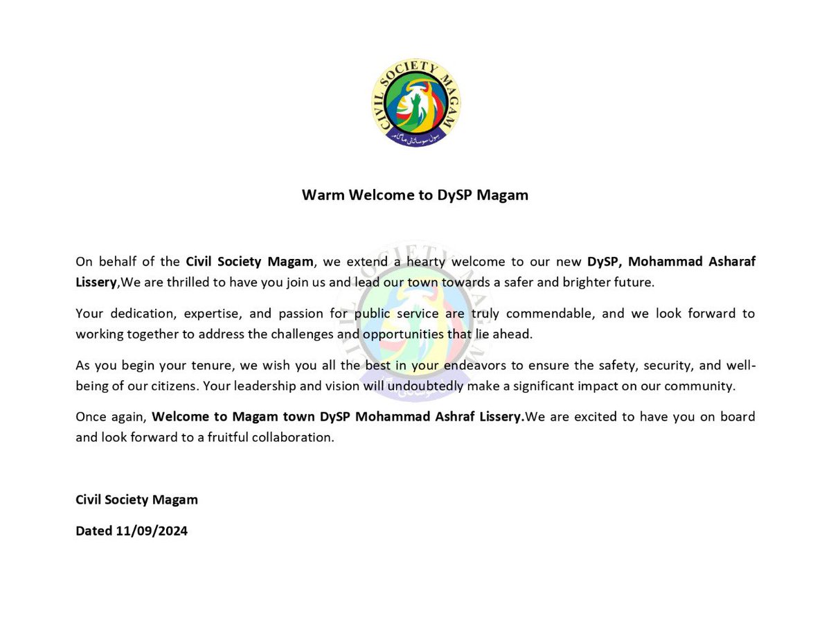 CSMagam's tweet photo. Warm Welcome to DySP Magam

On behalf of the Civil Society Magam, we extend a hearty welcome to our new DySP, Mohammad Asharaf Lissery,We are thrilled to have you join us and lead our town towards a safer and brighter future. https://t.co/JwUV0lcEfO