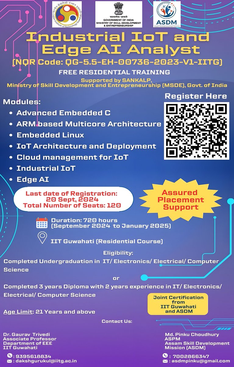 IIT Guwahati in collaboration with Assam Skill Development Mission (<a href="/asdm_social/">Assam Skill Development Mission</a>) is organising a training program titled "Industrial IoT and Edge AI Analyst" from Sept.  2024 to Jan 2025 at <a href="/IITGuwahati/">IIT Guwahati</a> Campus. 

<a href="/MSDESkillIndia/">Skill India</a>  
<a href="/CMOfficeAssam/">Chief Minister Assam</a>
<a href="/himantabiswa/">Himanta Biswa Sarma</a> 
<a href="/jayanta_malla/">Jayanta Mallabaruah</a>