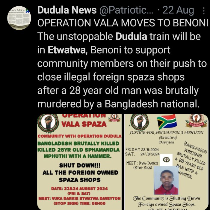 PatrioticMedia1's tweet photo. RESIDENTS APPRECIATE DUDULA
Residents of Etwatwa have extended their gratitude to Dudula for being there when they needed it. The foreigner who killed a SA man has been arrested and his friend deported. Another one committed suicide and another shop burnt down. https://t.co/1jmjoijCph
