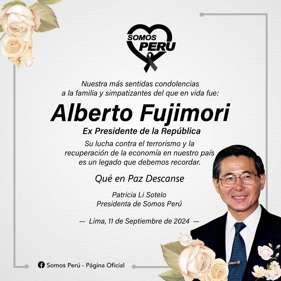 SomosPeruOf's tweet image. Nuestra condolencia a la familia y simpatizantes del ex -Presidente.
@KeikoFujimori @congresoperu
#AlbertoFujimori