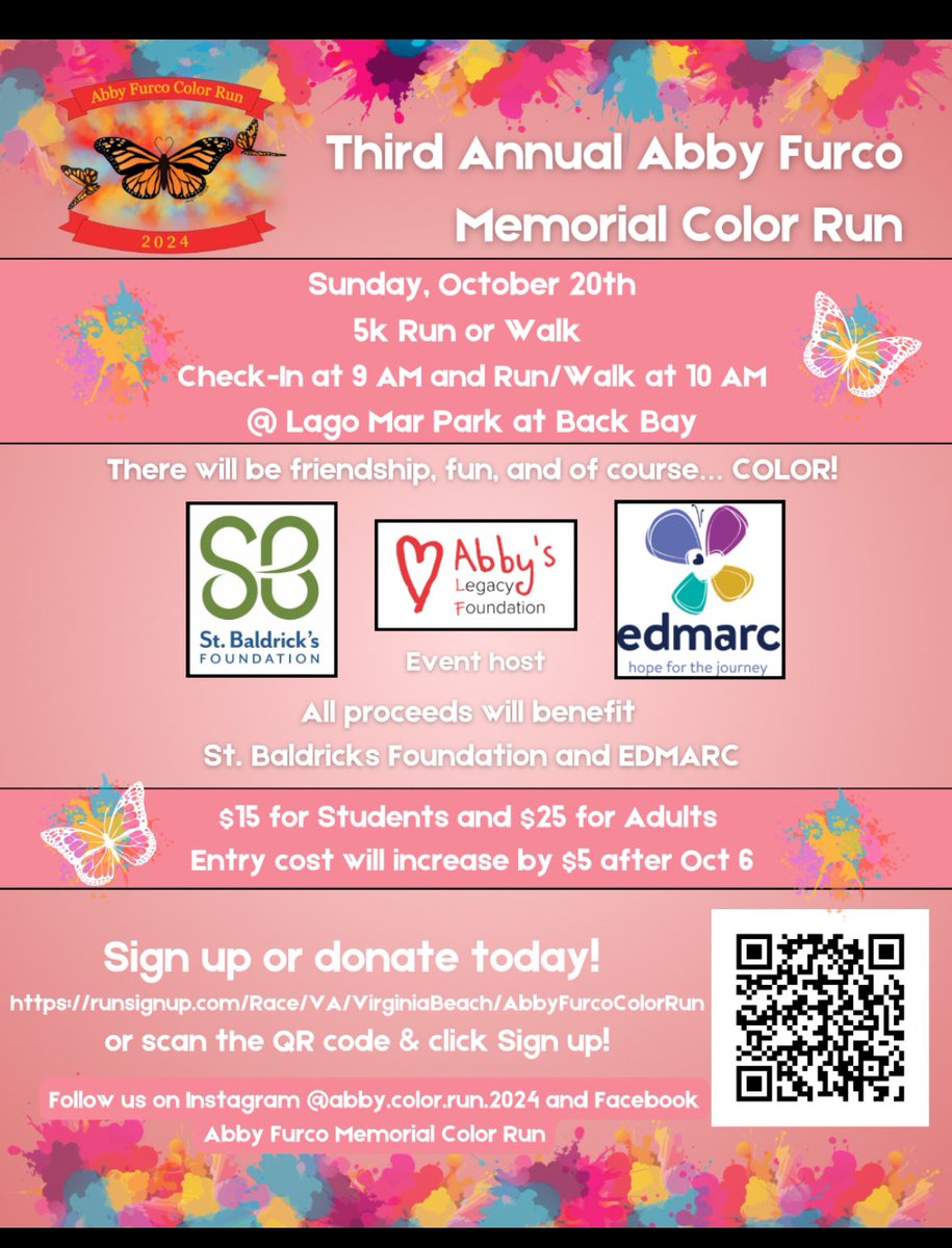 KellamCounselor's tweet image. Join us!!! It’s the Third Annual Abby Furco Memorial COLOR RUN on Sunday, October 20th, 2024. All ages welcome to run or walk and get covered in colorful powder!
For more information, sign up, questions or to make a donation, visit runsignup.com/Race/VA/Virgin…