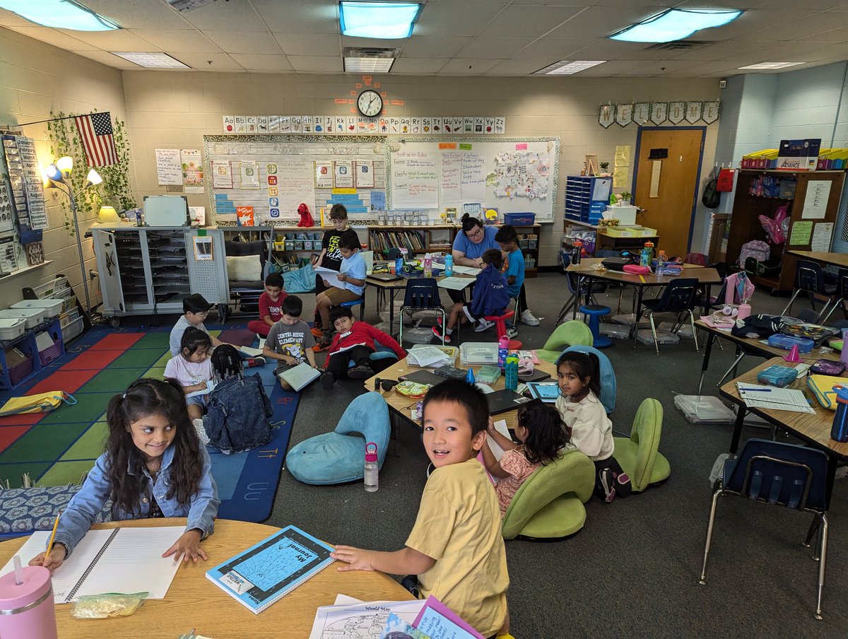 Students in 201 practiced the skills of collaboration and communication as they shared their writing with a partner and listened to advice on how to improve their writing piece about storms.