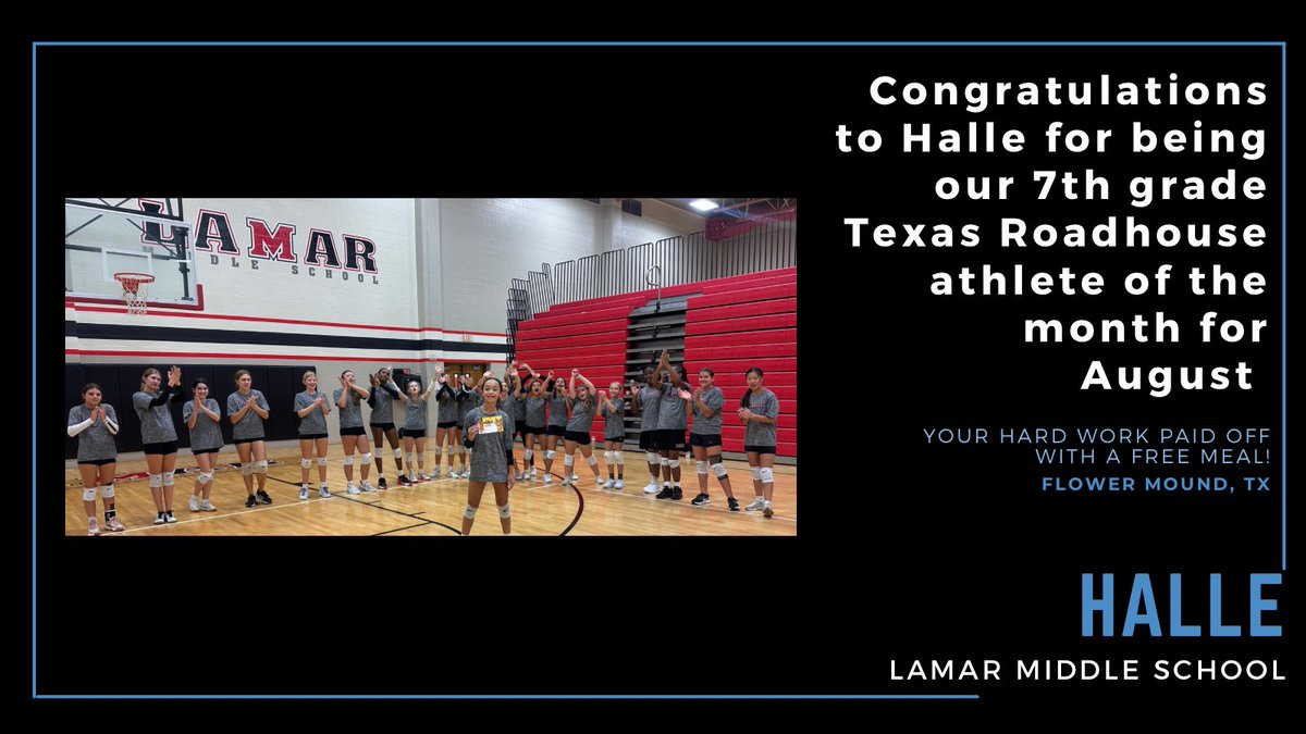 Lady Longhorns (@lamarathletics_) on Twitter photo Congratulations to our <a href="/LamarMS/">Lamar Middle School</a> 7th grade student athlete for the month of August: Halle! You have a great attitude & are wonderful teammate! <a href="/ChantellUpshaw/">Chantell Upshaw</a> <a href="/loridrapp/">Lori Rapp</a> <a href="/LISDsports/">Lewisville ISD Athletics</a> Thank you <a href="/texasroadhouse/">Texas Roadhouse</a> for providing the certificates! Congratulations to our <a href="/LamarMS/">Lamar Middle School</a> 7th grade student athlete for the month of August: Halle! You have a great attitude & are wonderful teammate! <a href="/ChantellUpshaw/">Chantell Upshaw</a> <a href="/loridrapp/">Lori Rapp</a> <a href="/LISDsports/">Lewisville ISD Athletics</a> Thank you <a href="/texasroadhouse/">Texas Roadhouse</a> for providing the certificates!
