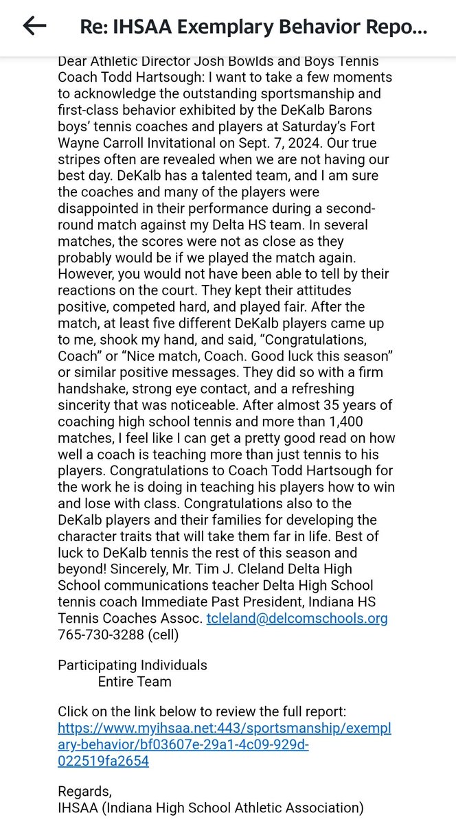 Congrats Gentlemen on yet another recognition after last week's for sportsmanship by Delta's Tennis Coach Tim Cleland who holds the title of most wins by a tennis coach ever in the State of Indiana.  We played Delta in the second round last Saturday.  Read the write-up.