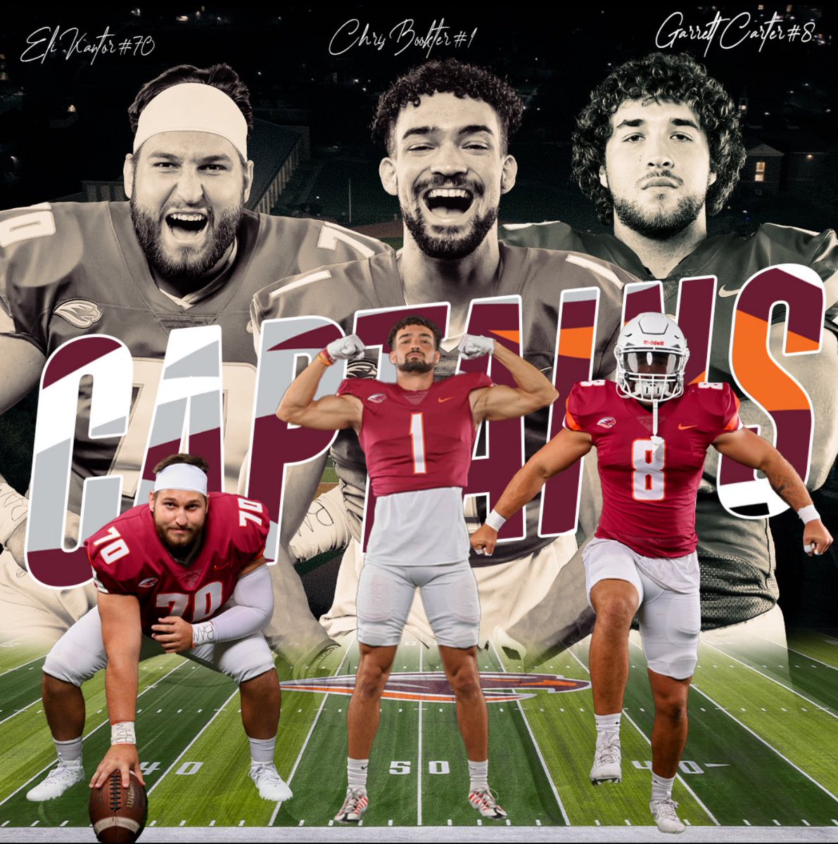 Susquehanna Football family, after the conclusion of fall camp and an impressive showing week 1 join us in welcoming 3 additions to the captain room! 

Sr. OL Eli Kantor 

Gr. WR Chris Bookter

Sr. LB Garrett Carter 

Congratulations Men!