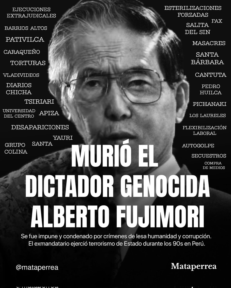 slizana25's tweet photo. Murió el criminal y dictador Alberto Fujimori, un mismo día #11Set murió el líder de Sendero Luminoso ambos criminales y ASESINOS.
Hoy también muere el fujimorismo 🐀 #FujimoriNuncaMas #CantutaNoOlvida https://t.co/iH76JHda6M