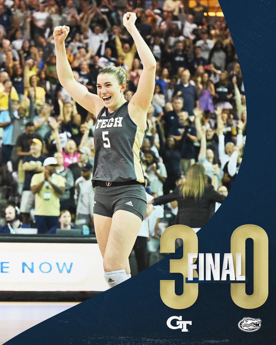 GTVolleyball's tweet photo. TECH WINS!!!

The Jackets SWEEP No. 13 Florida right outta McCamish! 

25-19, 25-19, 25-21! 

#StingEm x #PointTech https://t.co/AfJ7ZfhYgv