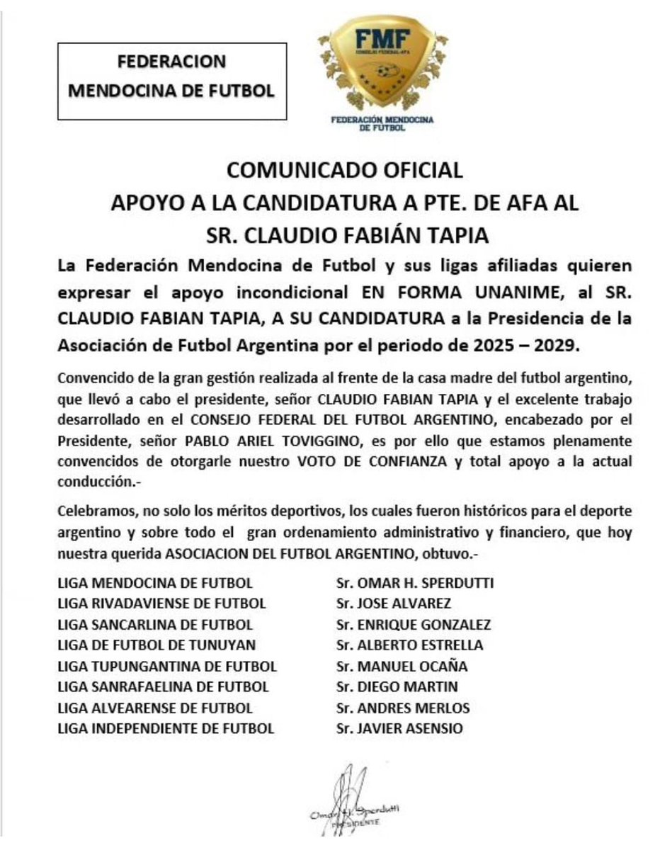 👉🏾Todas las ligas de Mendoza apoyan la candidatura de Claudio Tapia👈

👀 ojo al firmante de la Liga Alvearense de fútbol 👀