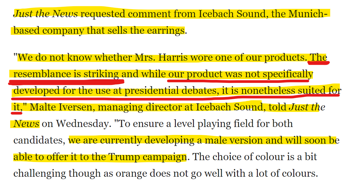 MikeBenzCyber's tweet photo. Uhhh I wasn't ready to bite on this story before but this is wild. The Managing Director of the corp that makes the earpiece earrings Kamala was accused of said "The resemblance is striking" to its product, marveled how "suited" it is for debates, & offered to sell one to Trump. https://t.co/GJFqyzGqe3