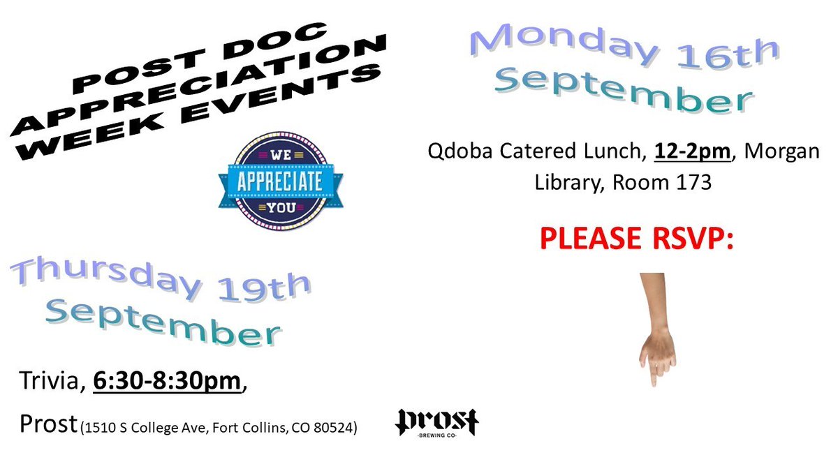 Hello CSU PostDocs,
PostDoc Appreciation Week (PAW) is here!
Please join CSU PASS for PostDoc Lunch and Trivia (See details in flyer and RSVP asap)
docs.google.com/forms/d/e/1FAI…