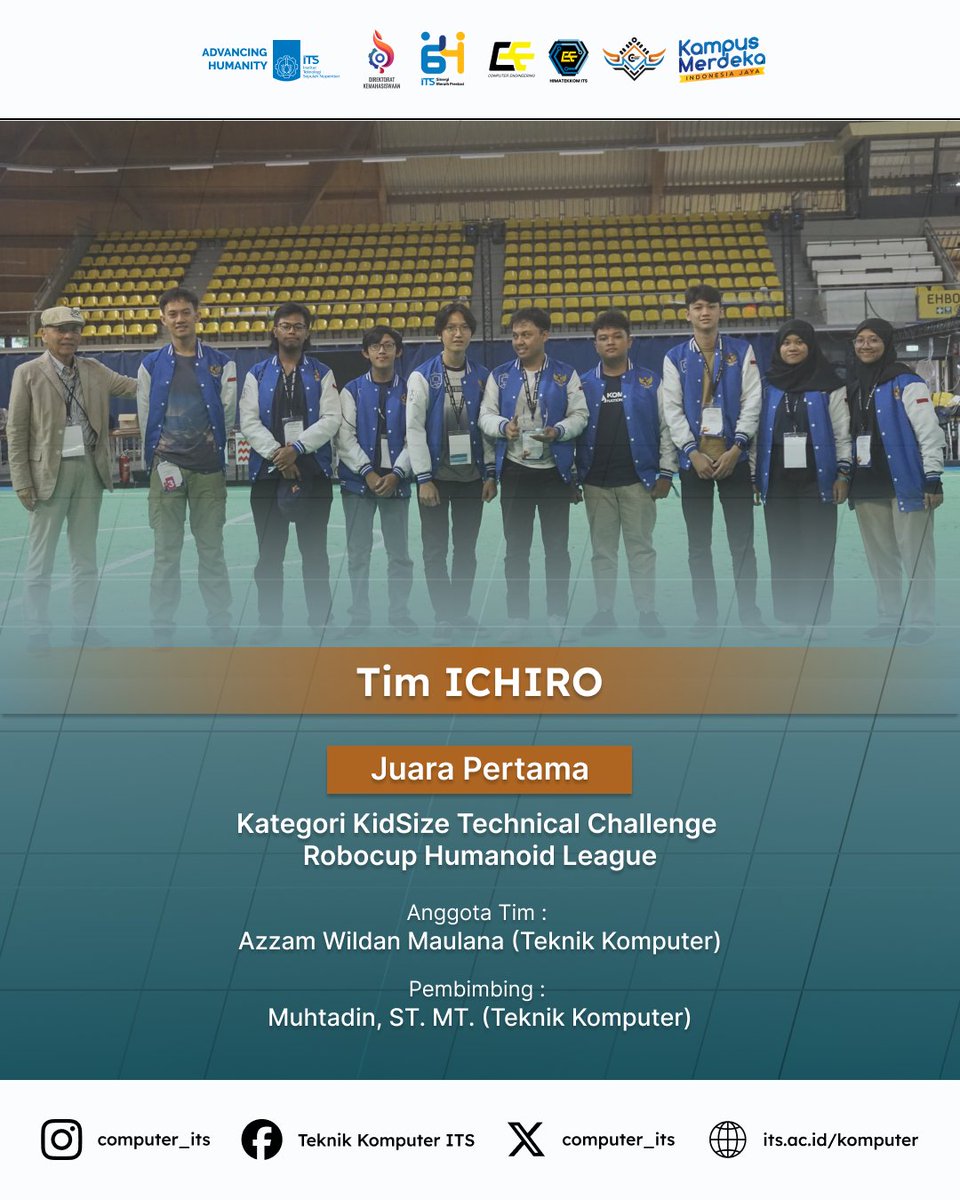 Selamat kepada Tim Ichiro dan dosen pembimbing Bapak Muhtadin, S.T., M.T. (Dosen Teknik Komputer) menjadi juara 1 di kompetisi RoboCup 2024 kategori KidSize Technical Challenge Robocup Humanoid League yang diselenggarakan oleh RoboCup Federation.
